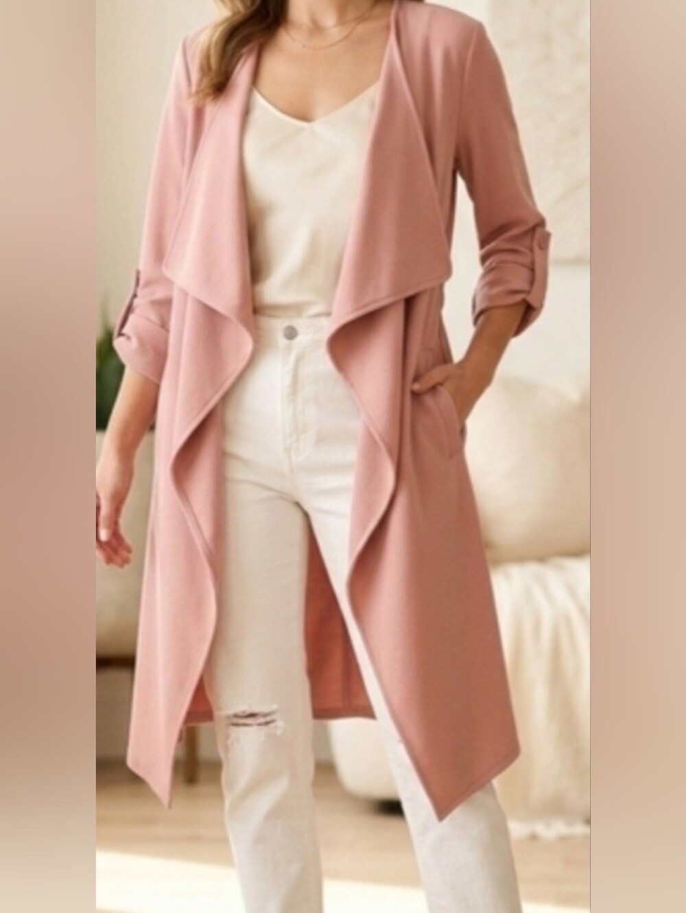 Open Front Topper Cardigan Draped Flowy Trench Light Pink Medium Fall Fashion